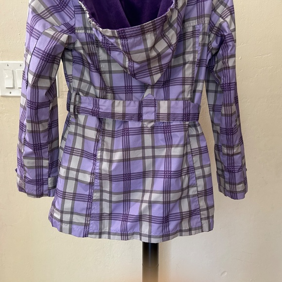 Purple lavender grey plaid belted fitted fleeced lined hooded winter jacket - Picture 9 of 16